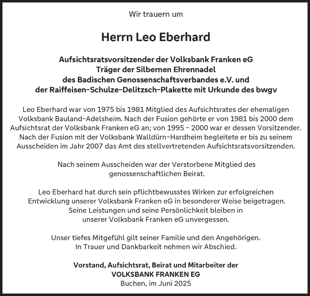 Traueranzeige für Leo Eberhard vom 21.06.2025 aus Fränkische Nachrichten