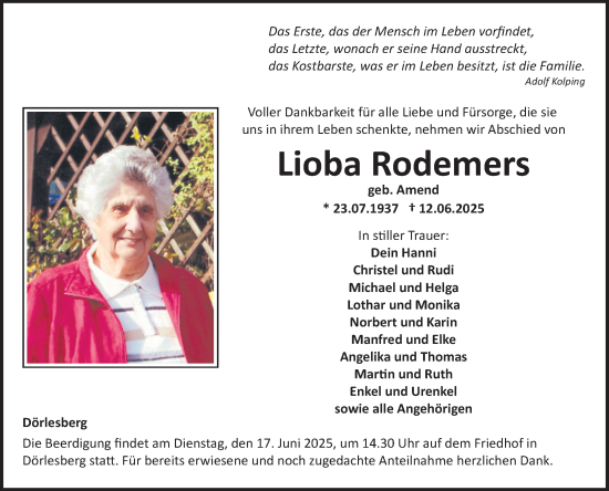 Traueranzeige von Lioba Rodemers von Fränkische Nachrichten