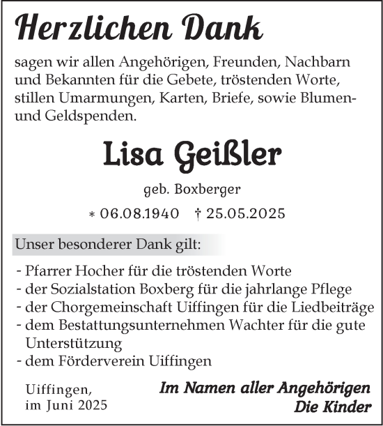 Traueranzeige von Lisa Geißler von Fränkische Nachrichten