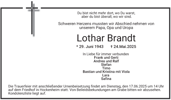 Traueranzeige von Lothar Brandt von Schwetzinger Zeitung