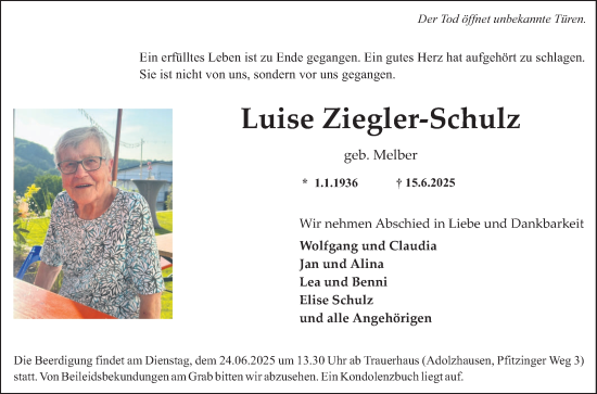 Traueranzeige von Luise Ziegler-Schulz von Fränkische Nachrichten