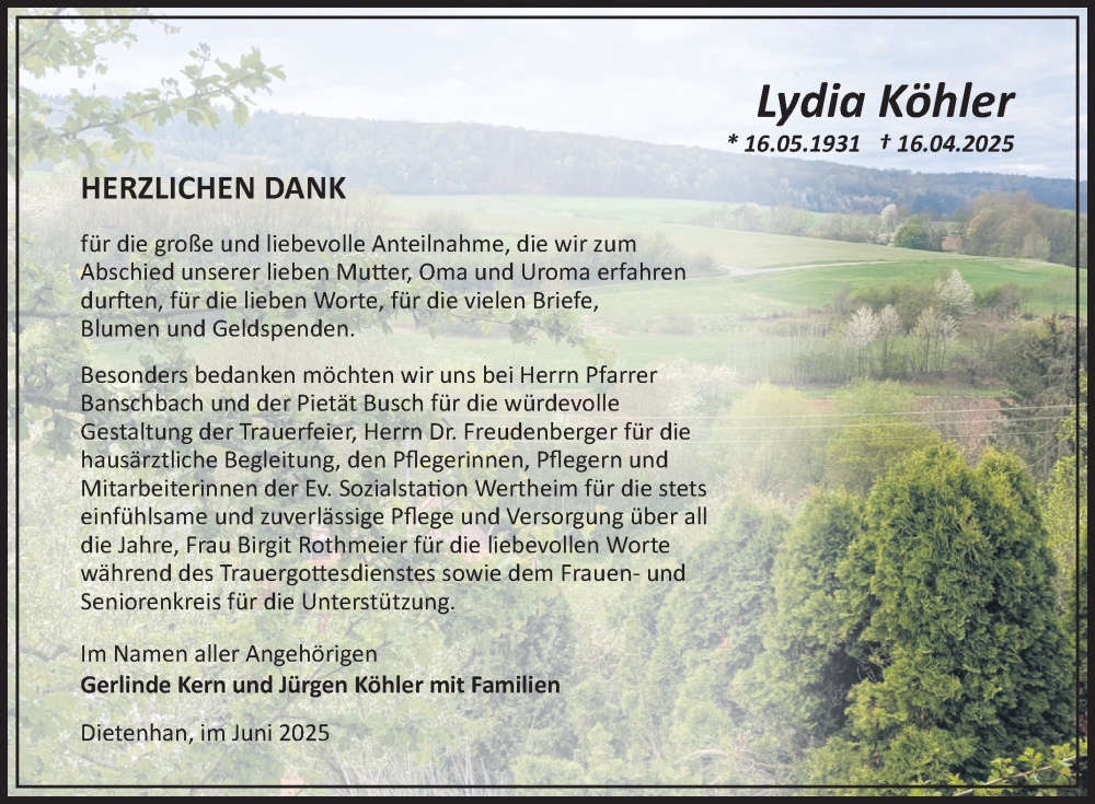  Traueranzeige für Lydia Köhler vom 07.06.2025 aus Fränkische Nachrichten