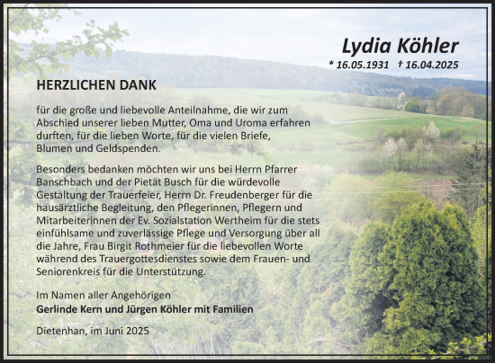 Traueranzeige von Lydia Köhler von Fränkische Nachrichten