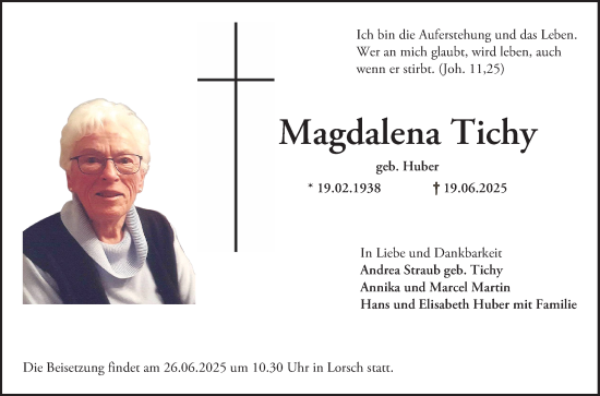 Traueranzeige von Magdalena Tichy von Bergsträßer Anzeiger