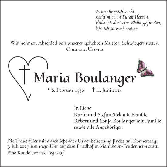 Traueranzeige von Maria Boulanger von Mannheimer Morgen