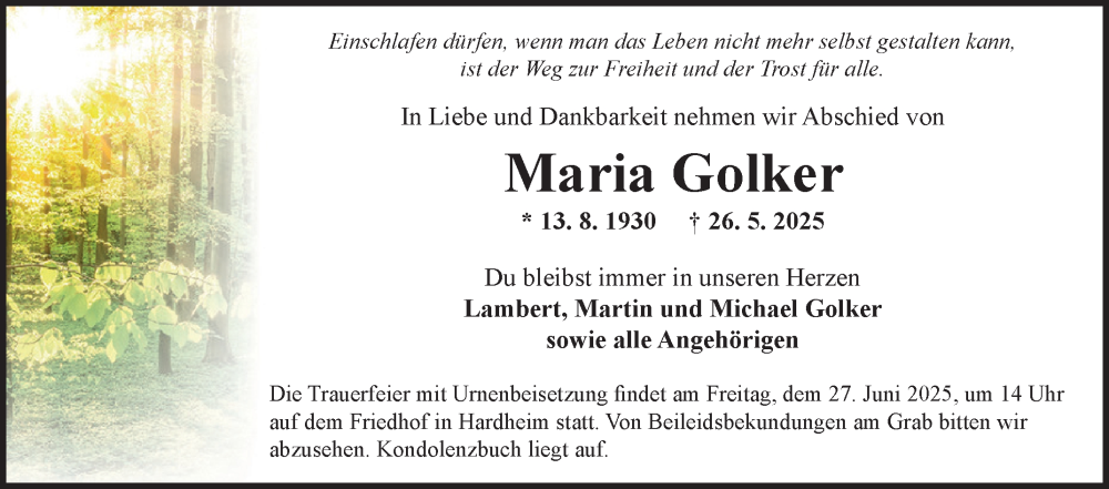  Traueranzeige für Maria Golker vom 21.06.2025 aus Fränkische Nachrichten