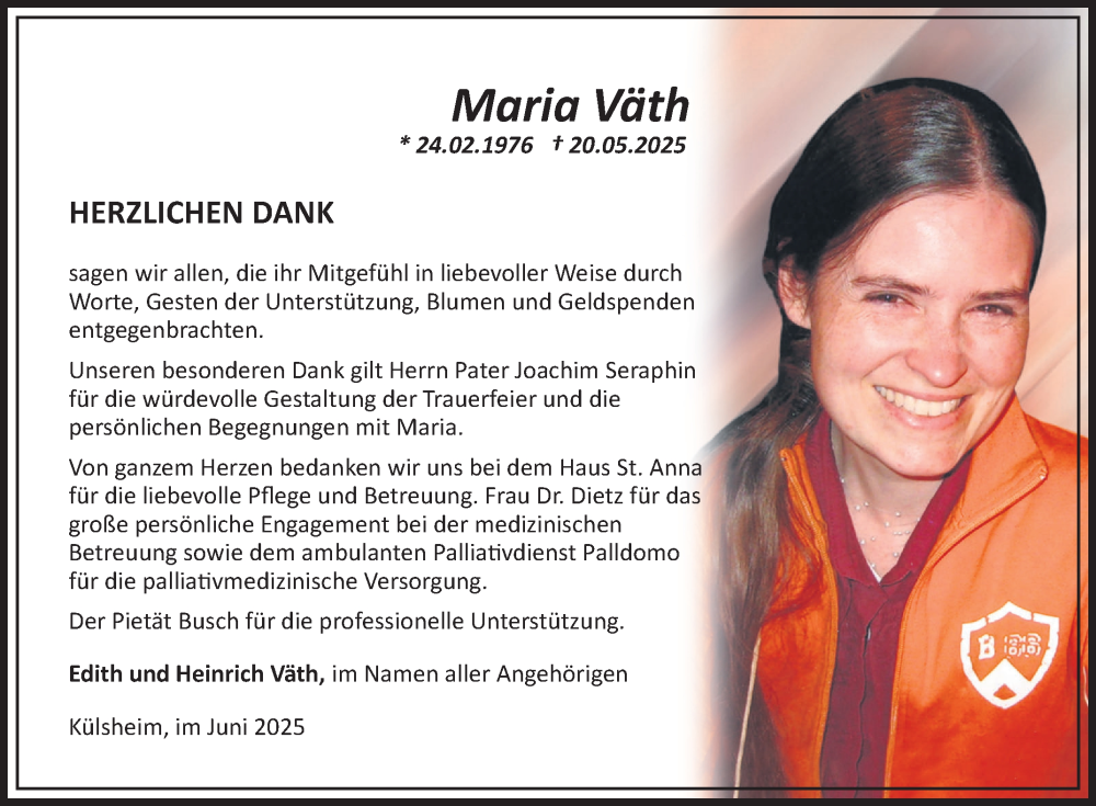  Traueranzeige für Maria Väth vom 07.06.2025 aus Fränkische Nachrichten