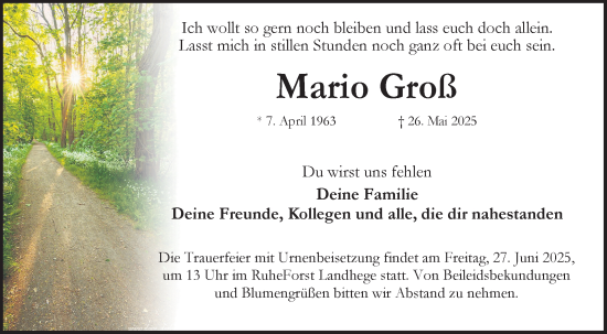 Traueranzeige von Mario Gross von Fränkische Nachrichten