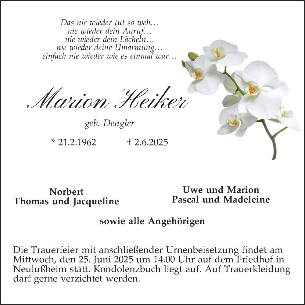  Traueranzeige für Marion Heiker vom 14.06.2025 aus Schwetzinger Zeitung