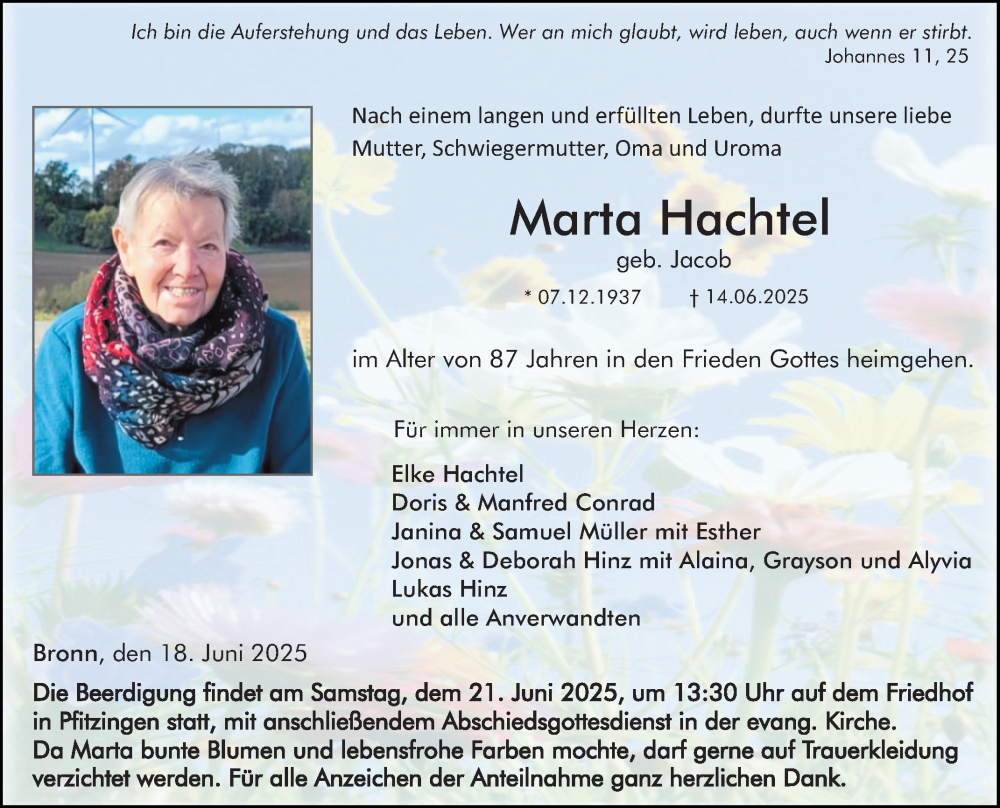  Traueranzeige für Marta Hachtel vom 18.06.2025 aus Fränkische Nachrichten