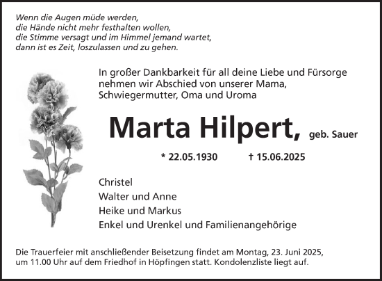 Traueranzeige von Marta Hilpert von Fränkische Nachrichten