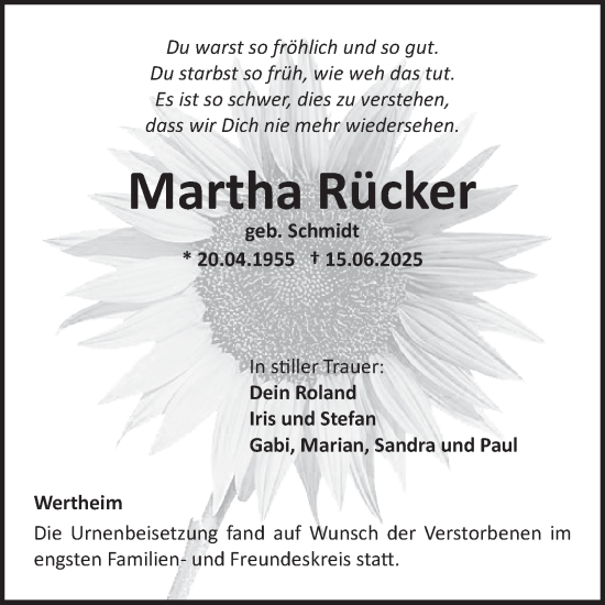 Traueranzeige von Martha Rücker von Fränkische Nachrichten