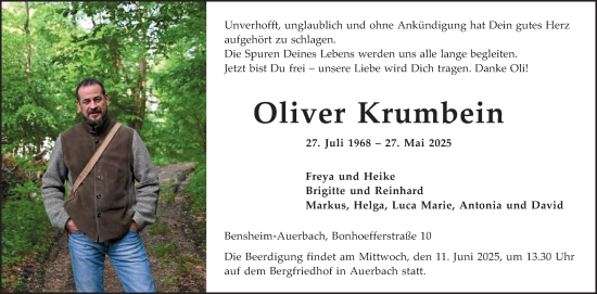 Traueranzeige von Oliver Krumbein von Bergsträßer Anzeiger