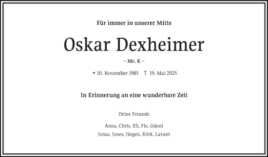 Traueranzeige von Oskar Dexheimer von Mannheimer Morgen