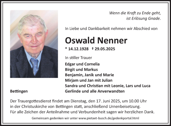 Traueranzeige von Oswald Nenner von Fränkische Nachrichten