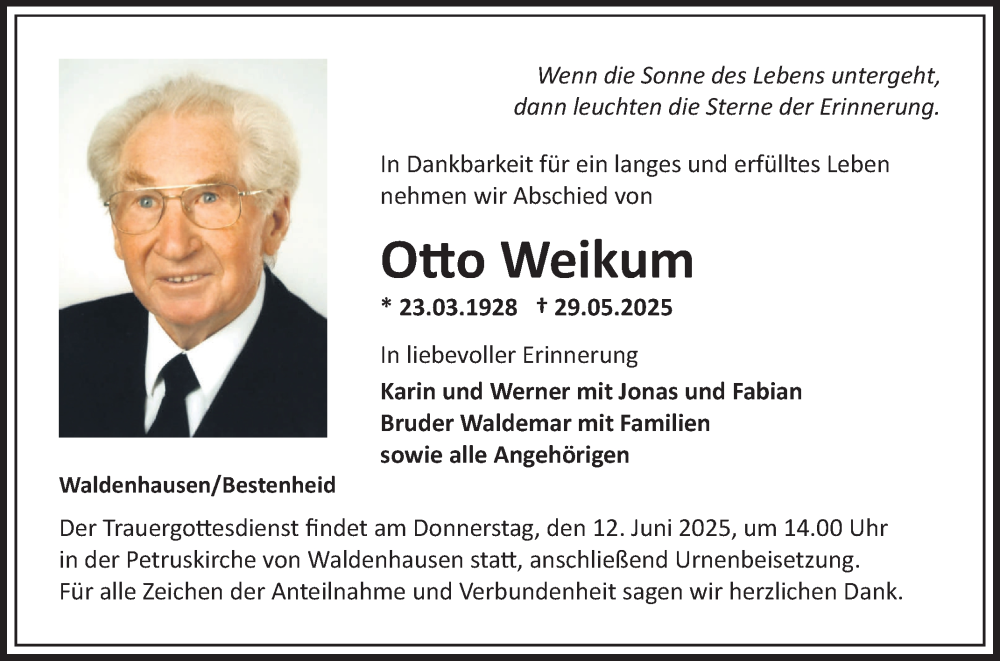  Traueranzeige für Otto Weikum vom 07.06.2025 aus Fränkische Nachrichten