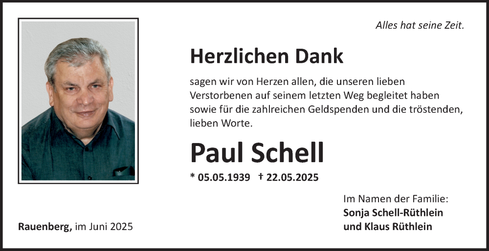  Traueranzeige für Paul Schell vom 11.06.2025 aus Fränkische Nachrichten