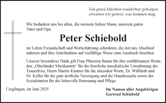 Traueranzeige von Peter Schiebold von Fränkische Nachrichten
