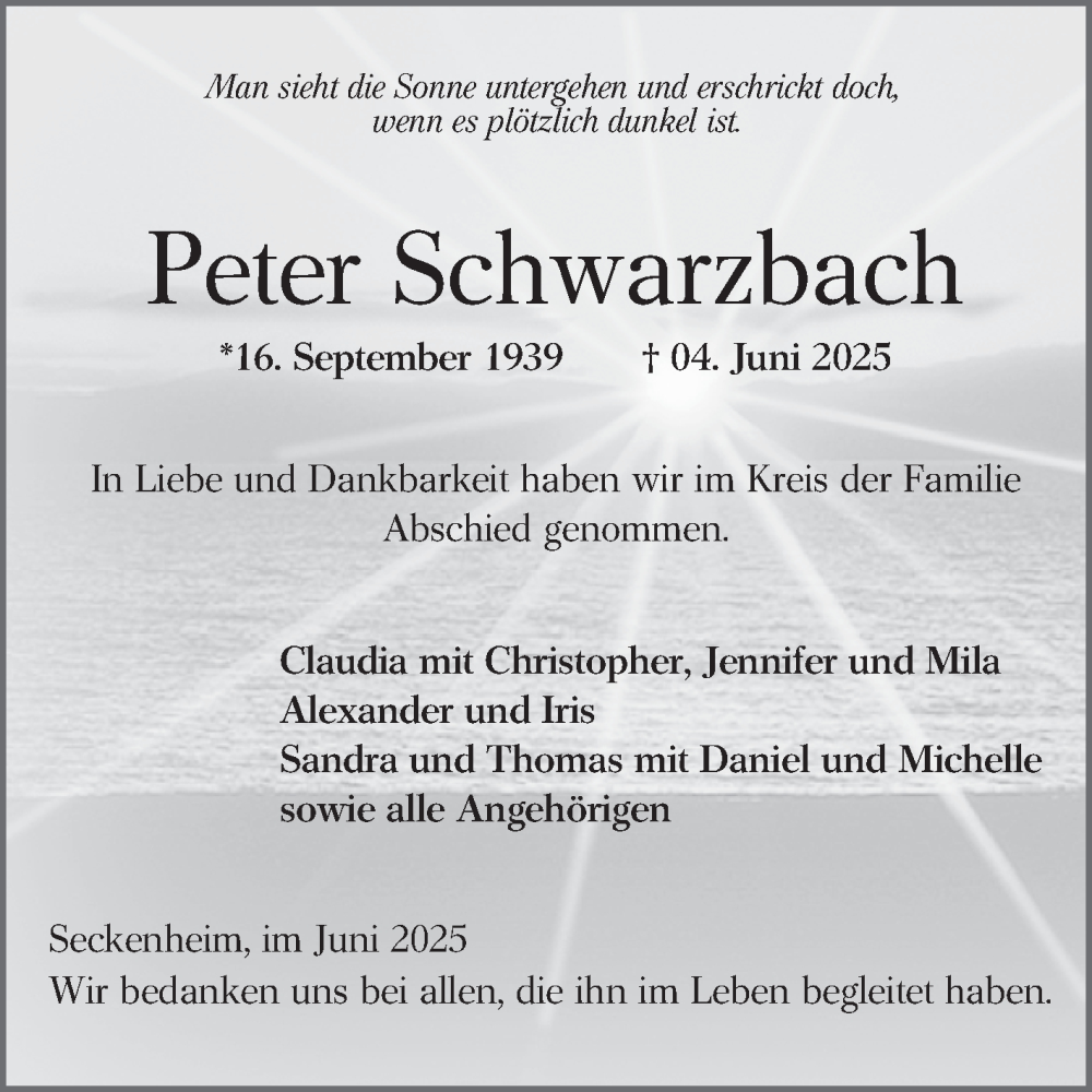  Traueranzeige für Peter Schwarzbach vom 14.06.2025 aus Mannheimer Morgen