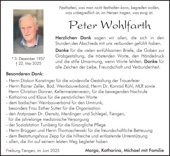 Traueranzeige von Peter Wohlfarth von Fränkische Nachrichten