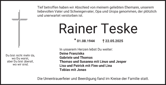Traueranzeige von Rainer Teske von Mannheimer Morgen