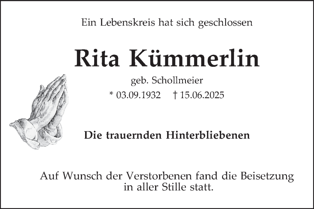  Traueranzeige für Rita Kümmerlin vom 28.06.2025 aus Mannheimer Morgen