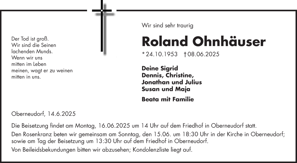  Traueranzeige für Roland Ohnhäuser vom 14.06.2025 aus Fränkische Nachrichten