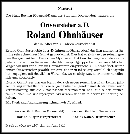 Traueranzeige von Roland Ohnhäuser von Fränkische Nachrichten