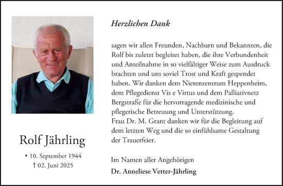 Traueranzeige von Rolf Jährling von Bergsträßer Anzeiger