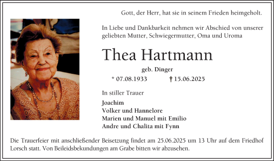 Traueranzeige von Thea Hartmann von Bergsträßer Anzeiger