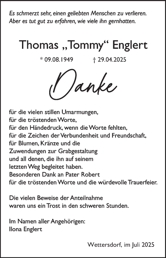 Traueranzeige von Thomas Englert von Fränkische Nachrichten