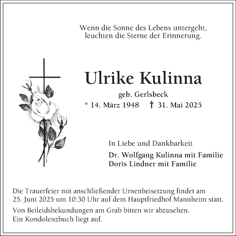  Traueranzeige für Ulrike Kulinna vom 21.06.2025 aus Mannheimer Morgen