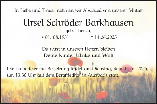 Traueranzeige von Ursel Schröder-Barkhausen von Bergsträßer Anzeiger