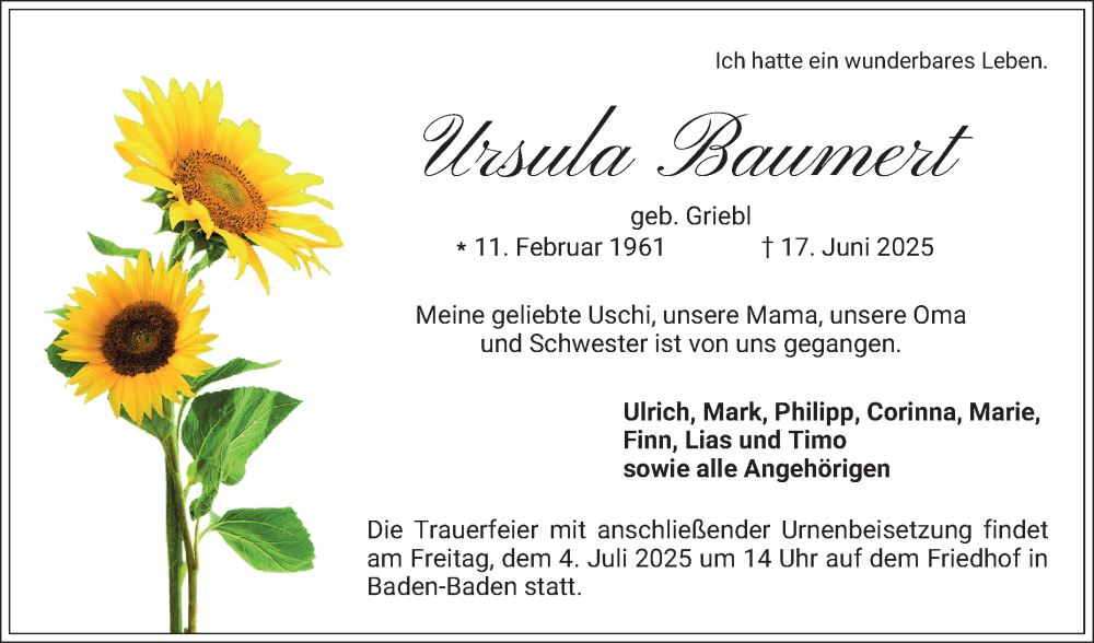  Traueranzeige für Ursula Baumert vom 28.06.2025 aus Bergsträßer Anzeiger