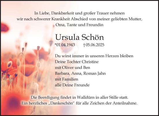 Traueranzeige von Ursula Schön von Fränkische Nachrichten