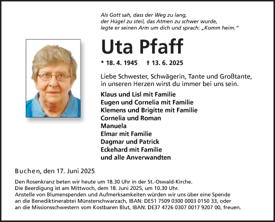 Traueranzeige von Uta Pfaff von Fränkische Nachrichten