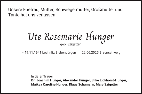 Traueranzeige von Ute Rosemarie Hunger von Mannheimer Morgen