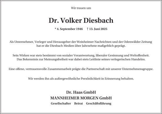 Traueranzeige von Volker Diesbach von Mannheimer Morgen