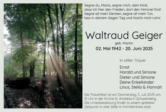 Traueranzeige von Waltraud Geiger von Fränkische Nachrichten