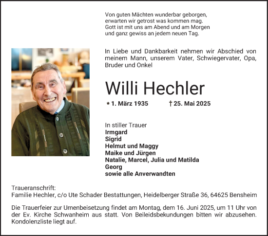Traueranzeige von Willi Hechler von Bergsträßer Anzeiger