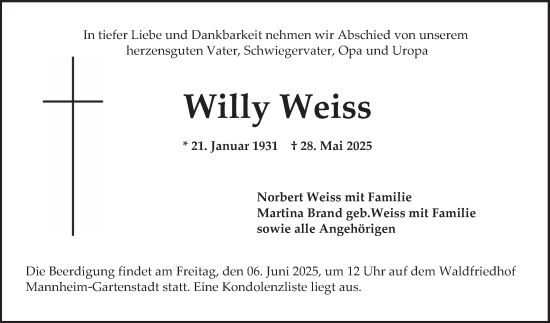 Traueranzeige von Willy Weiss von Mannheimer Morgen