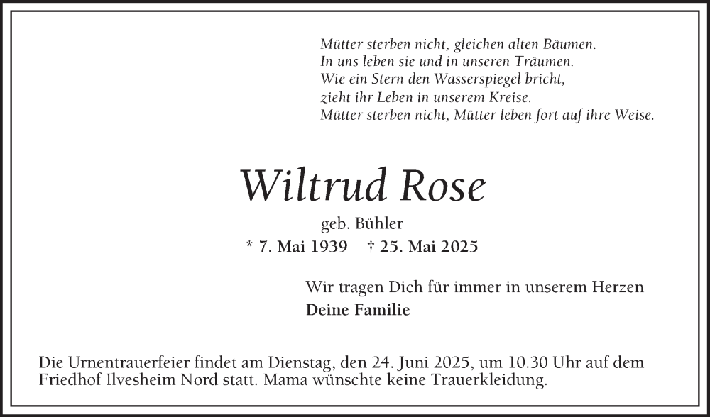  Traueranzeige für Wiltrud Rose vom 14.06.2025 aus Mannheimer Morgen