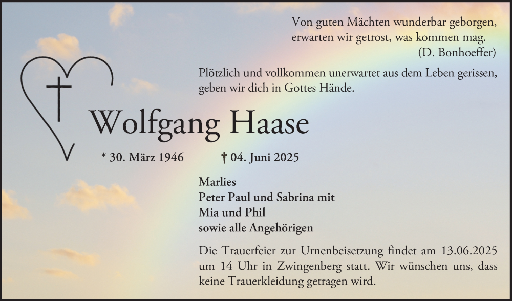  Traueranzeige für Wolfgang Haase vom 07.06.2025 aus Bergsträßer Anzeiger