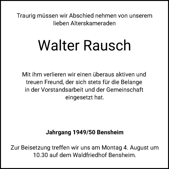 Traueranzeige von Walter Rausch von Bergsträßer Anzeiger