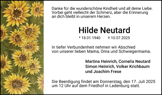 Traueranzeige von Hilde Neutard von Mannheimer Morgen