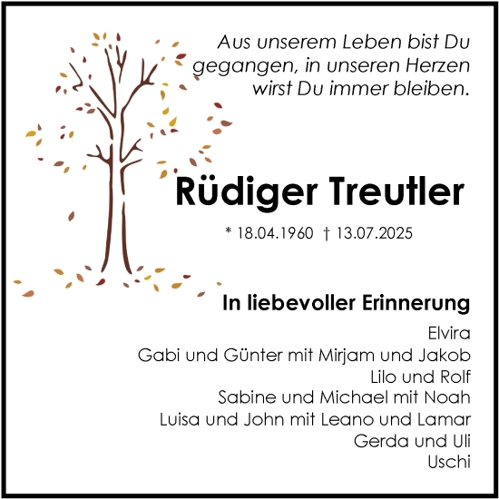 Traueranzeige von Rüdiger Treutler von mannheimer Morgen