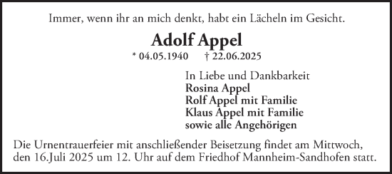 Traueranzeige von Adolf Appel von Mannheimer Morgen