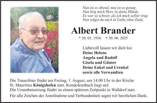 Traueranzeige von Albert Brander von Fränkische Nachrichten