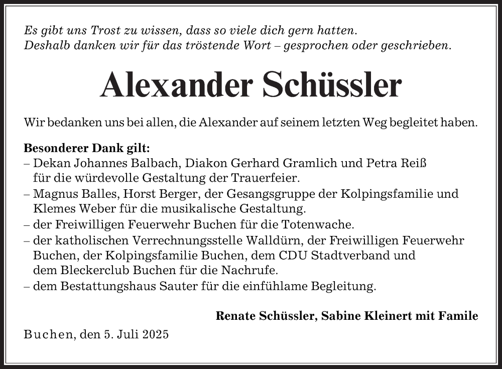  Traueranzeige für Alexander Schüssler vom 05.07.2025 aus Fränkische Nachrichten