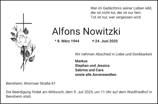 Traueranzeige von Alfons Nowitzki von Bergsträßer Anzeiger